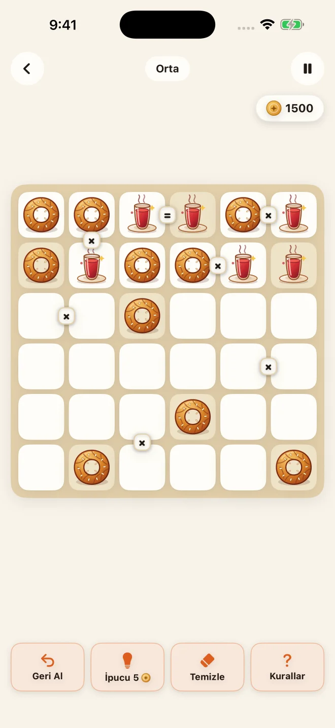 Denge oyunu: simit ve çay sembolleriyle 6x6 tahta.