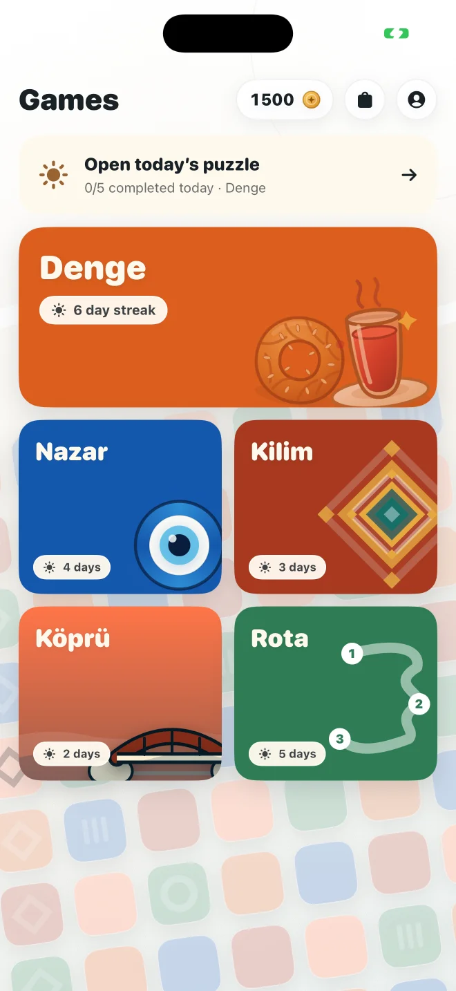 Daily’s home screen: today’s puzzle and cards for the five games.